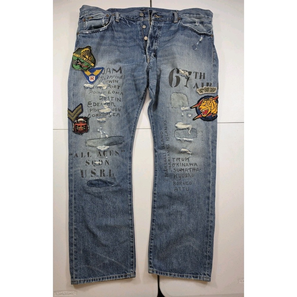 Ralph Lauren Polo Military Tiger Patchwork Sportsman Denim Patch Jeans 38x30